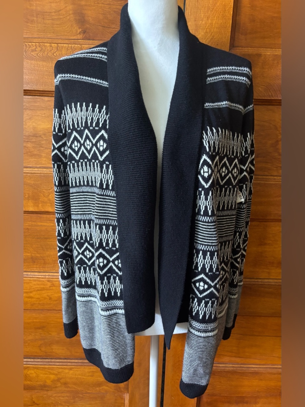Talbots Black & White Patterned Open-Front Shawl Collar Sweater